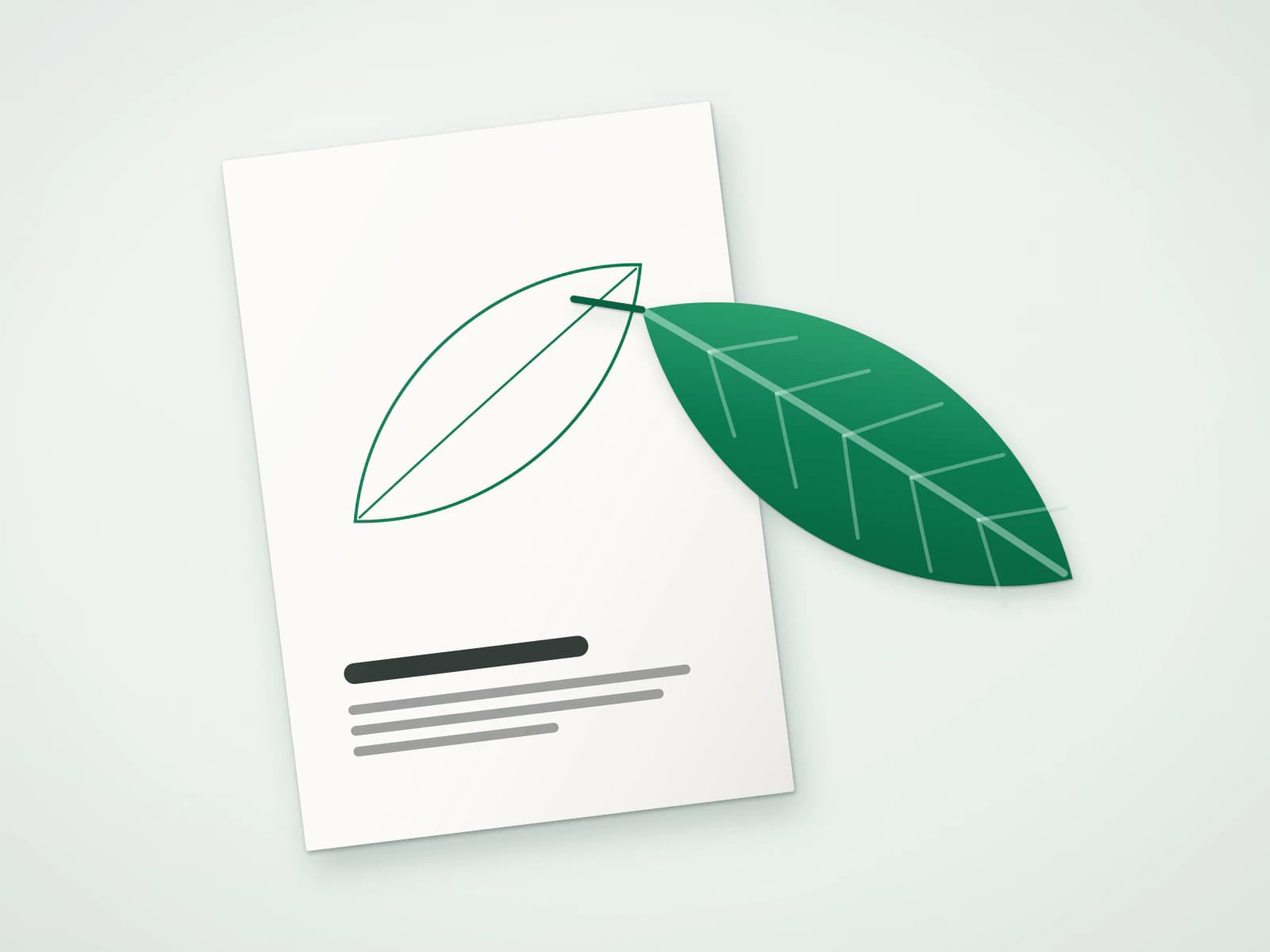 O frunză verde și o coală de hârtie tipărită